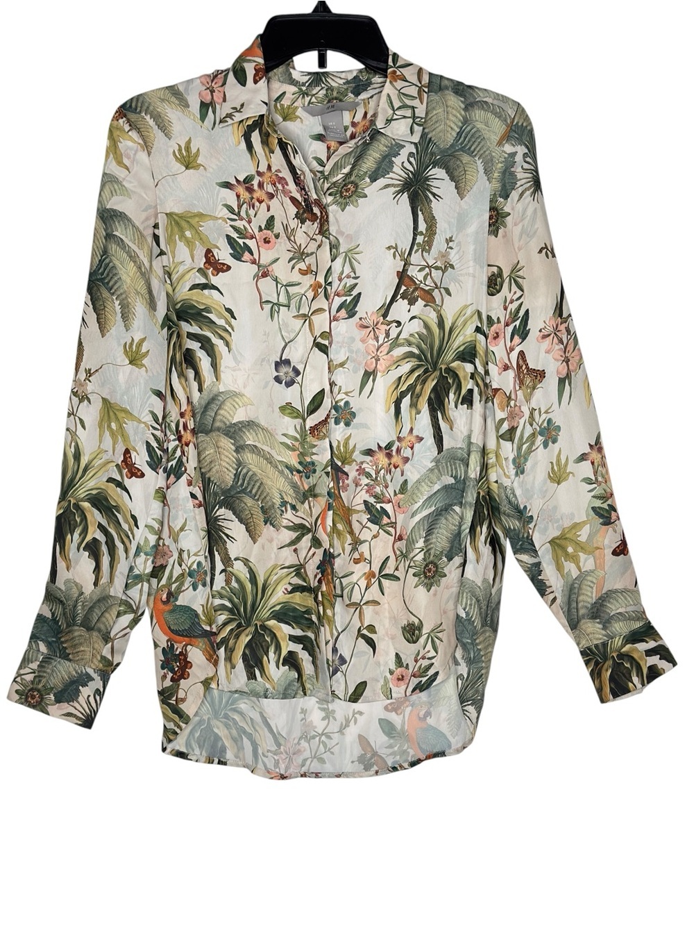H&M Tropical Botanical Bird Print Button Front Blouse Size US 2 - Picture 3 of 10